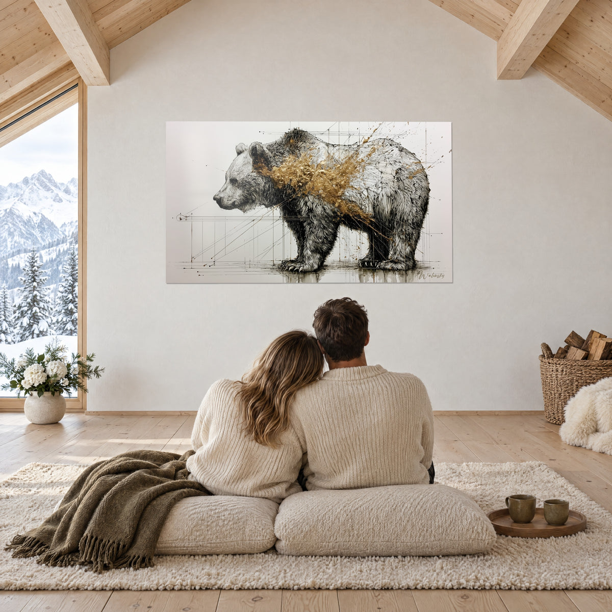 Gemälde massiger Bär im Profil, mit schwarzer Linie auf elfenbeinfarbenem Grund gezeichnetes Fell, goldene Spritzer, gegenüber einem Paar auf Kissen sitzend