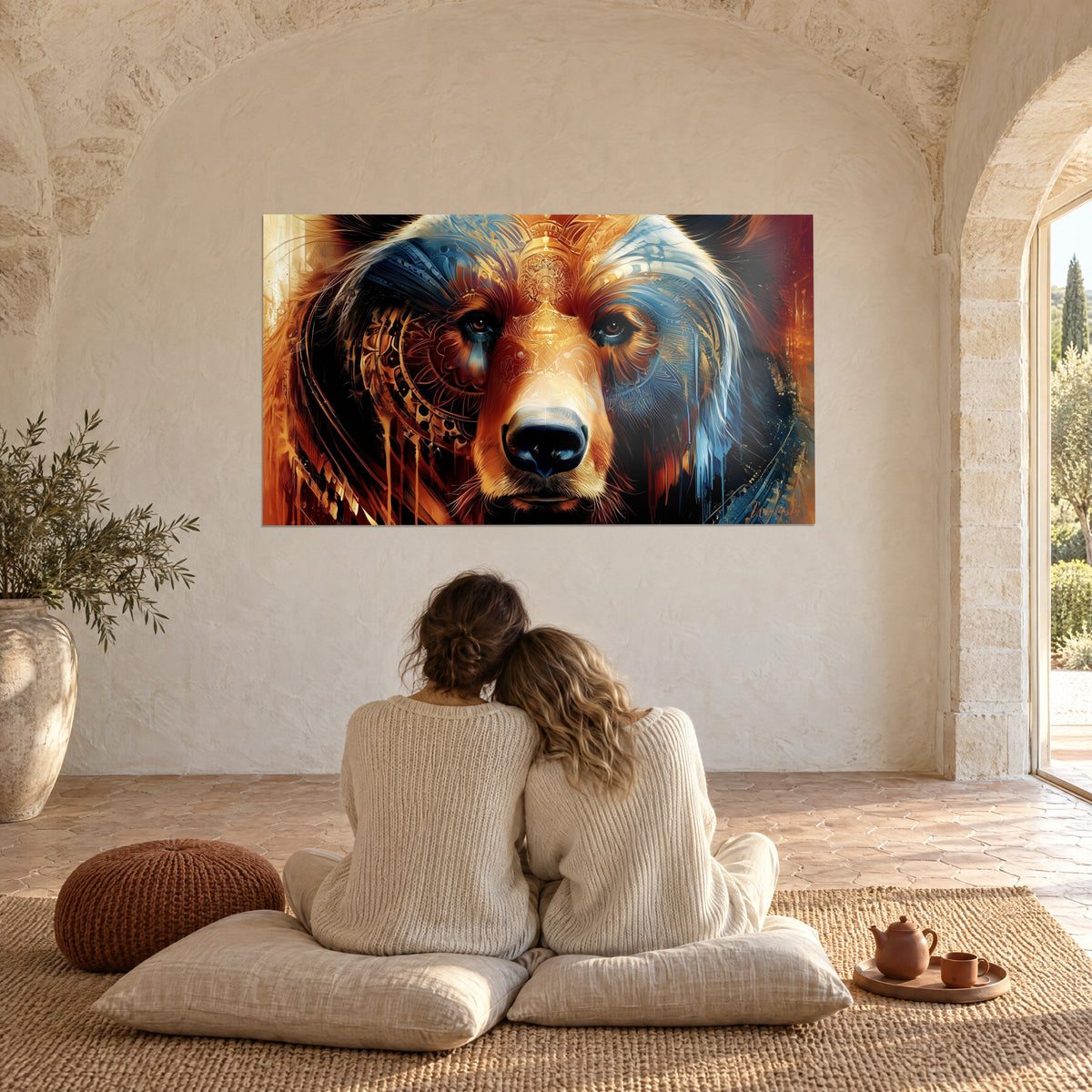 Quadro testa d'orso con arabeschi dorati, colature ruggine e blu acciaio, ammirato da una coppia su cuscini di lino