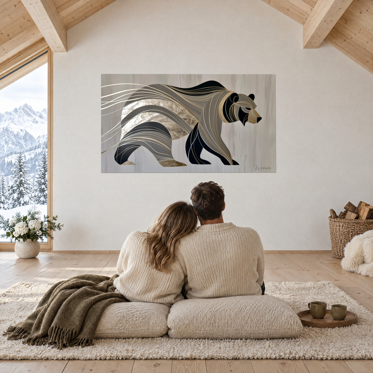 Wall art bear on the move, grey, black and silver fur, gold lines, in front of a couple seen from behind sitting on cushions facing the bay window