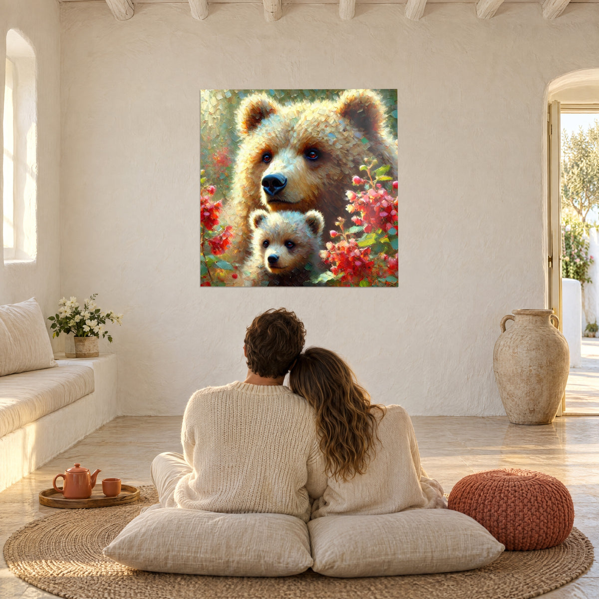 Tableau famille d'ours aux yeux rouge cuivré, pelage sable, fleurs écarlates, couple de dos assis sur des coussins blancs au sol