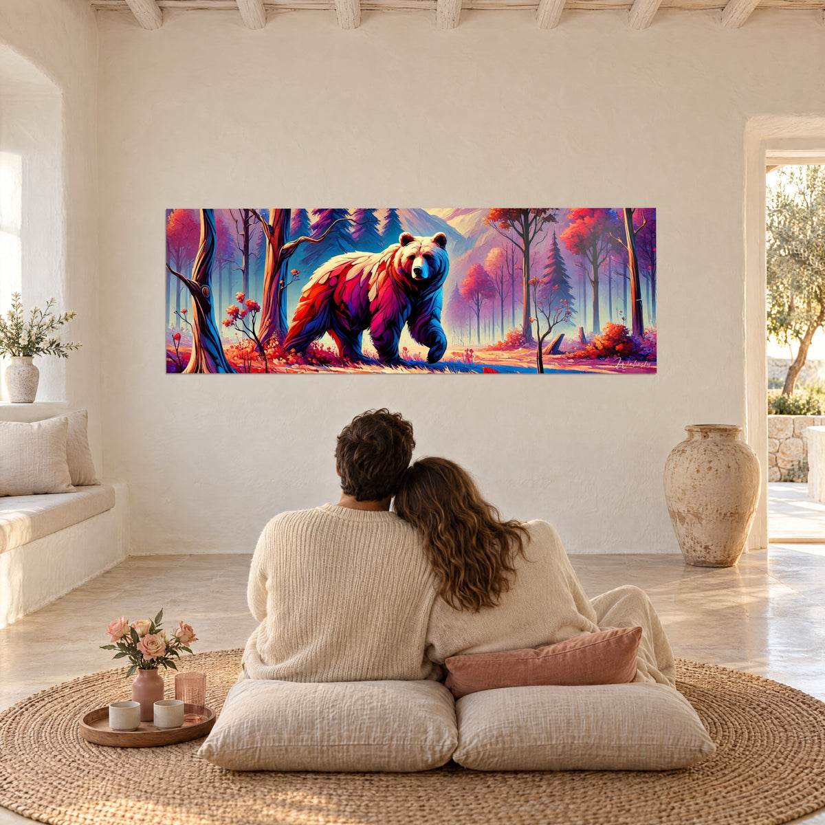 Tableau ours brun arc-en-ciel, dos rouge et bleu, forêt magenta et montagnes mauves, vu depuis des coussins beiges, couple enlacé