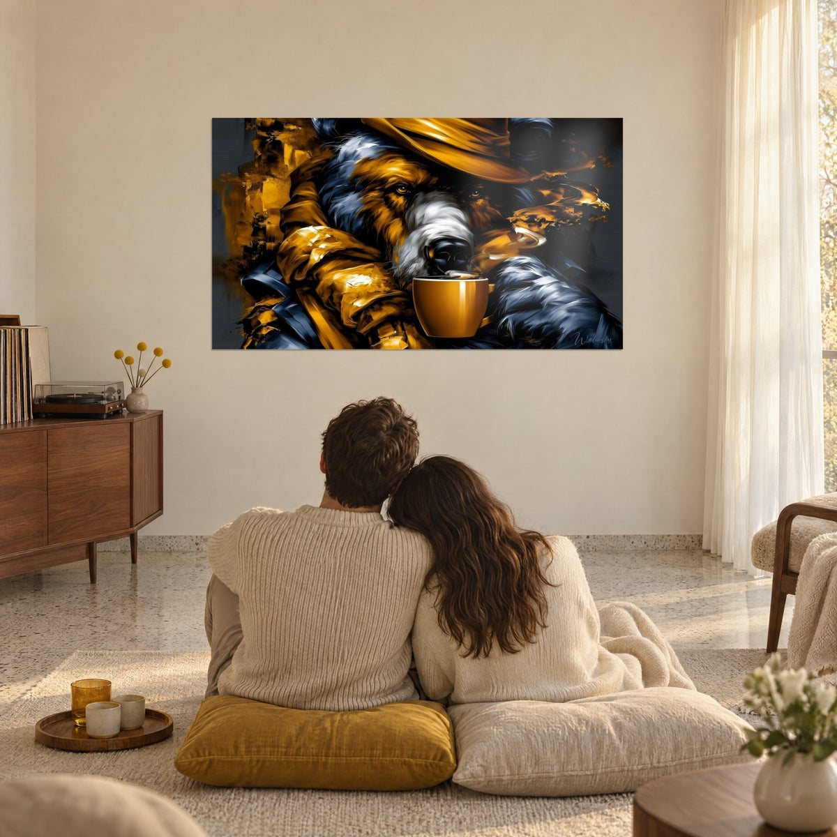 Wall art of a pensive bear with amber eyes, thick golden and navy oil strokes, facing a couple seated back to back on cushions