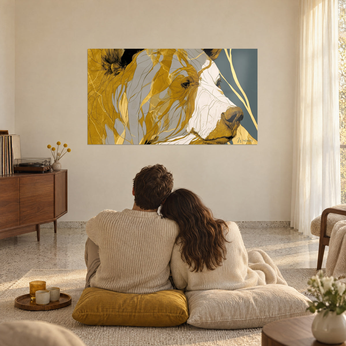 Tableau ours majestueux dans des teintes or, gris perle et blanc cassé, fond bleu ardoise, couple enlacé de dos assis sur des coussins moutarde