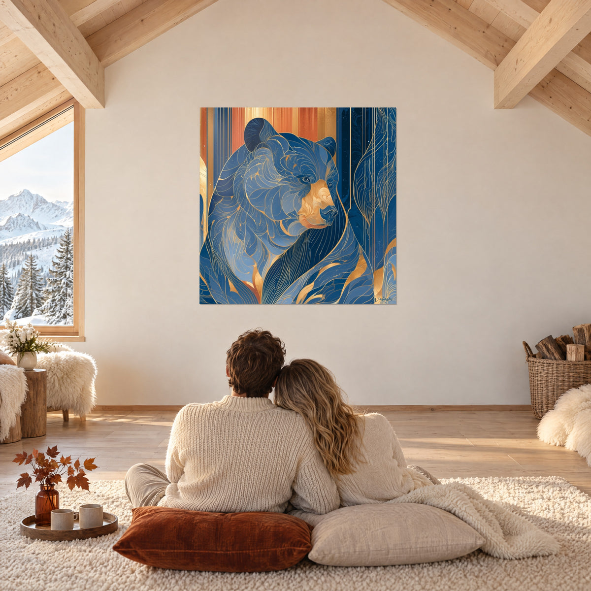 Cuadro Oso pardo geométrico, azul profundo y oro cobrizo, frente a una pareja acurrucada sobre una alfombra de lana de chalet