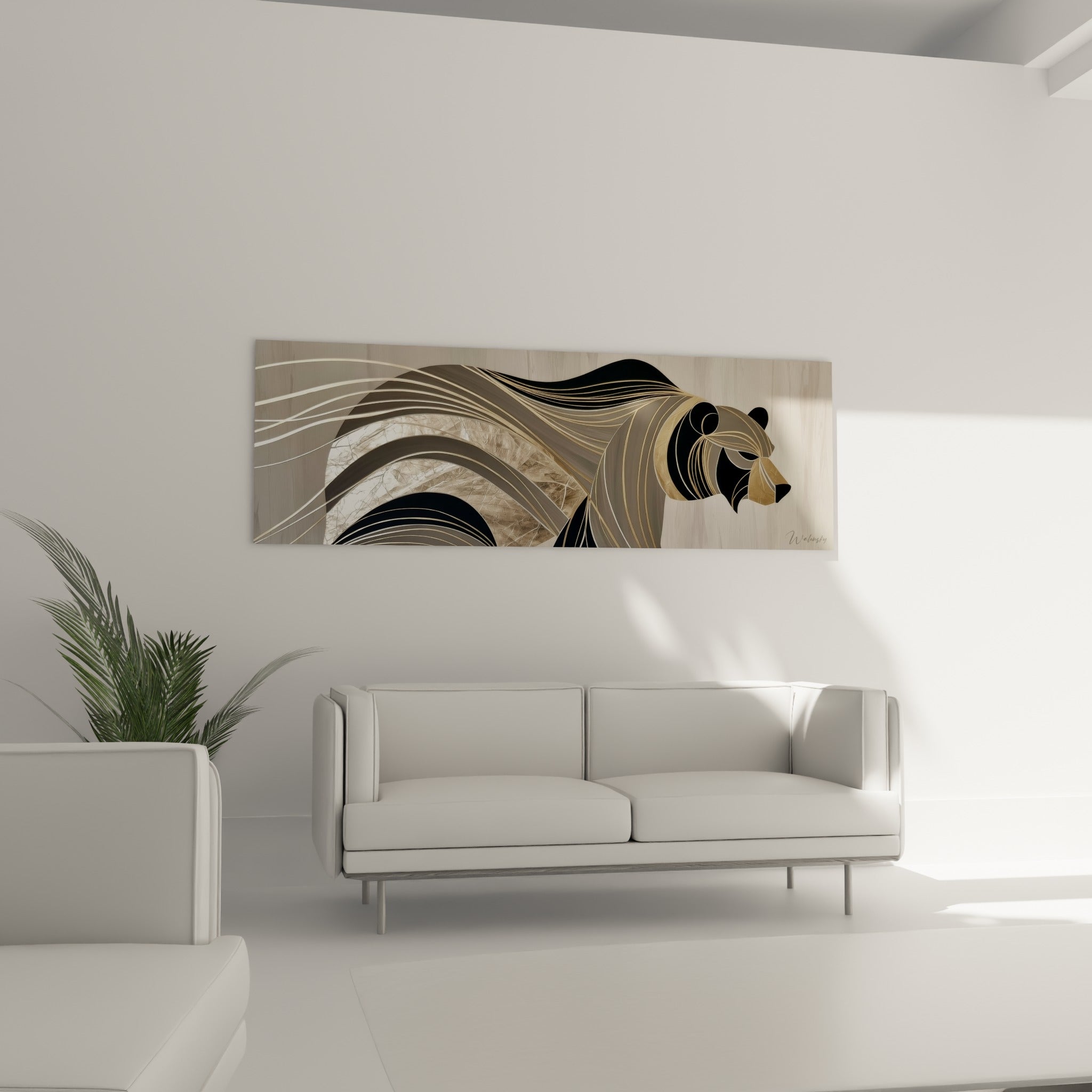 Ours brun graphique en tons beige et anthracite, disposé au-dessus d'un canapé dans un salon lumineux