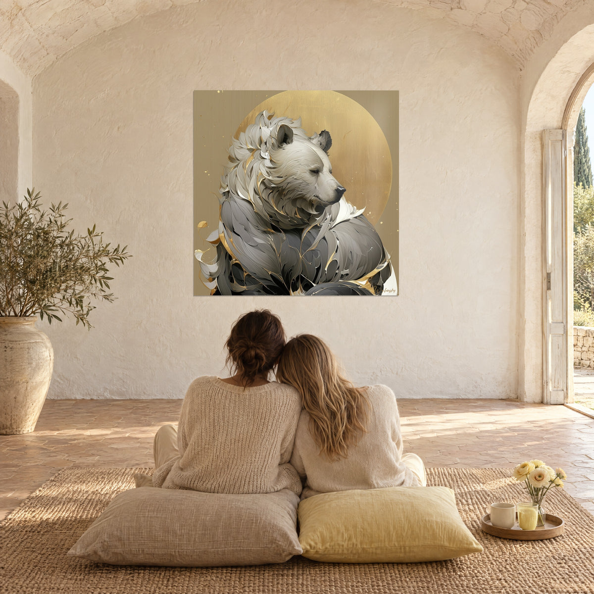 Tableau ours pensif sculpté de touches gris charbon et or pâle, regardé depuis des coussins au sol d'une salle voûtée