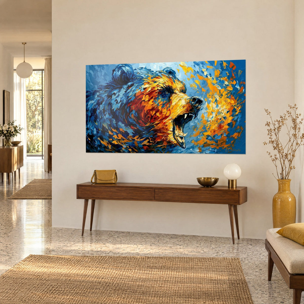 Wall art of a brown bear with gaping jaws, ochre fur and cobalt blue in thick paint, golden highlights on the right, on a cream entrance wall