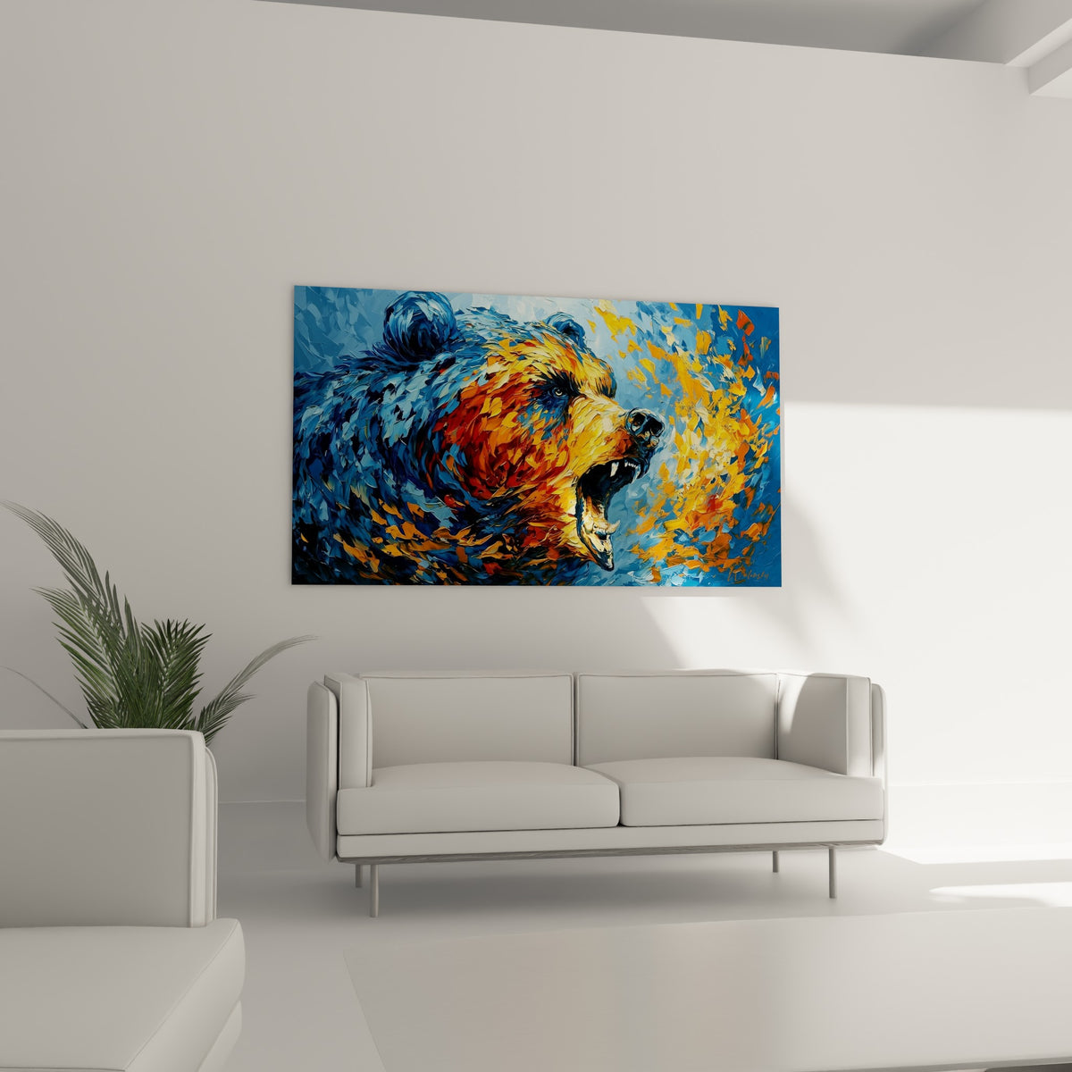 Crocs visibles de l'ours brun rugissant en tons ocre et anthracite, au-dessus d'un canapé dans un salon lumineux