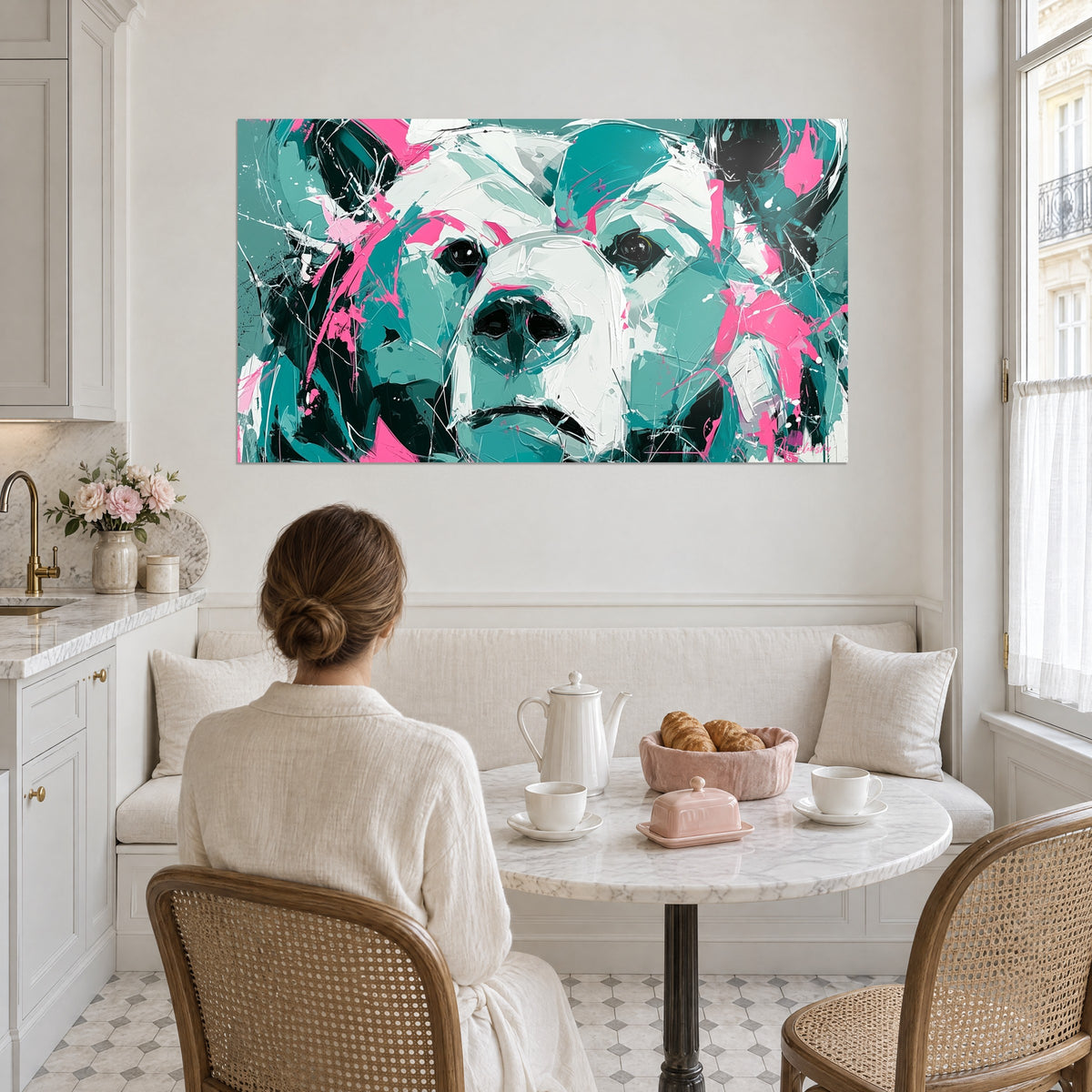 Tableau tête d'ours en peinture au couteau noire, turquoise et rose, dominant une banquette dans une cuisine ensoleillée