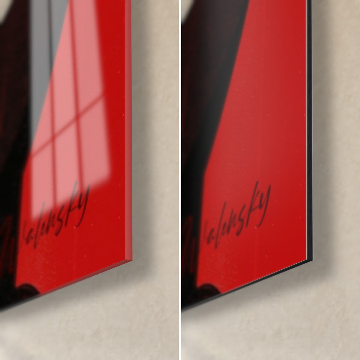 Tableau ours brun graphique, coin bas droit : verre brillant aux reflets de fenêtre et Dibond mat noir, rouge profond, tranche 3 mm