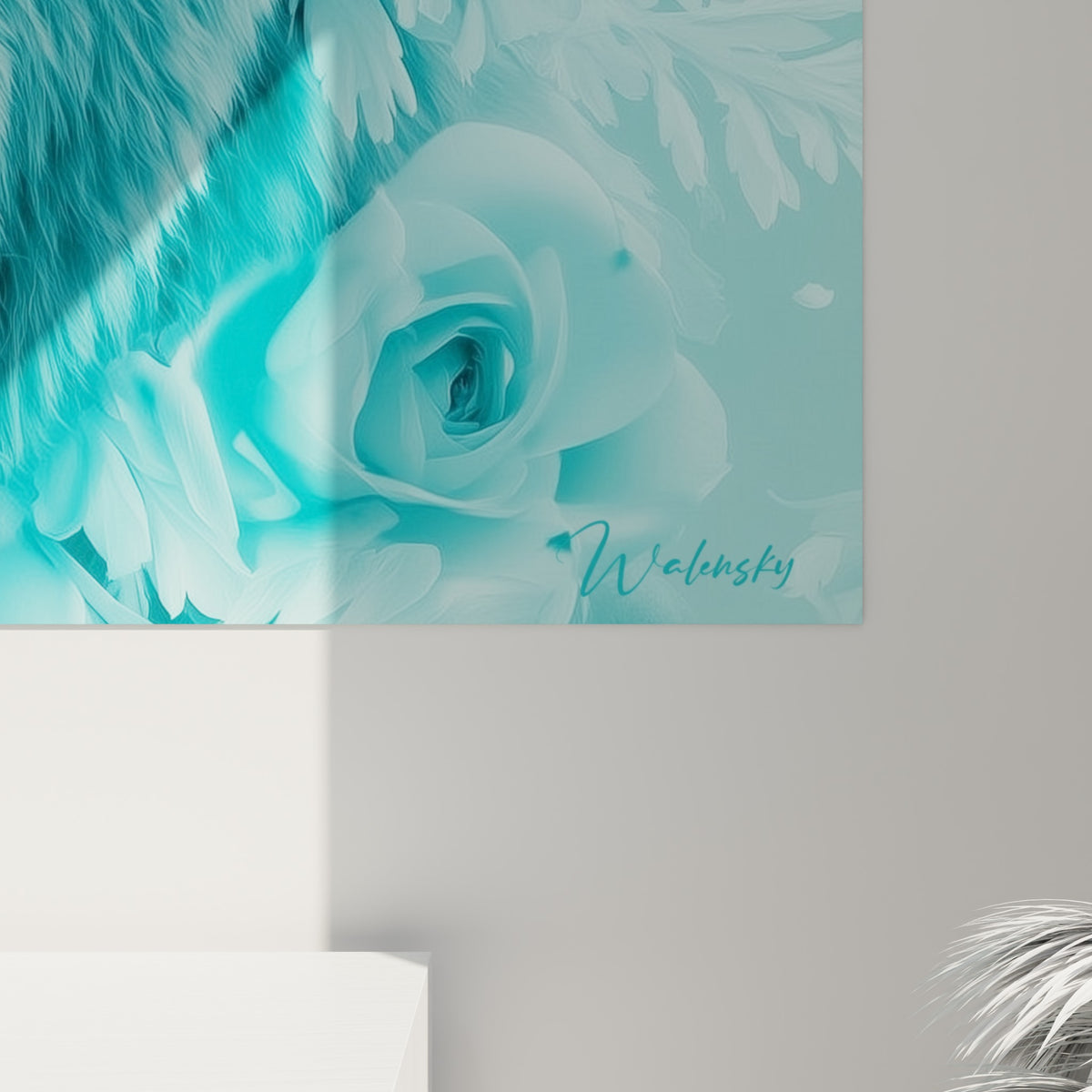 Détail rapproché du pelage turquoise et des pétales blancs texturés de l'Ours brun sur la toile