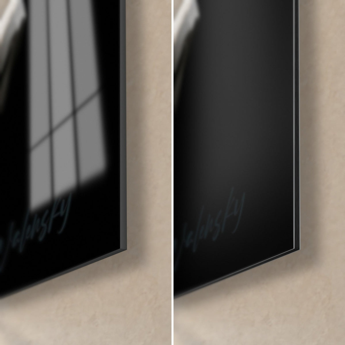 Gemälde Bär mit goldener Mähne, untere rechte Ecke: glänzendes schwarzes Acrylglas links, mattes Dibond-Aluminium rechts, 3 mm Kante