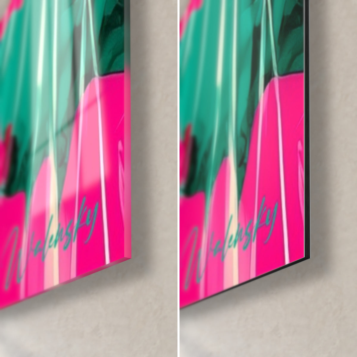 Πίνακας αρκούδας με φούξια κουκούλα και τιρκουάζ πράσινο, κάτω δεξιά γωνία: γυαλιστερό γυαλί αριστερά, ματ μαύρο Dibond δεξιά