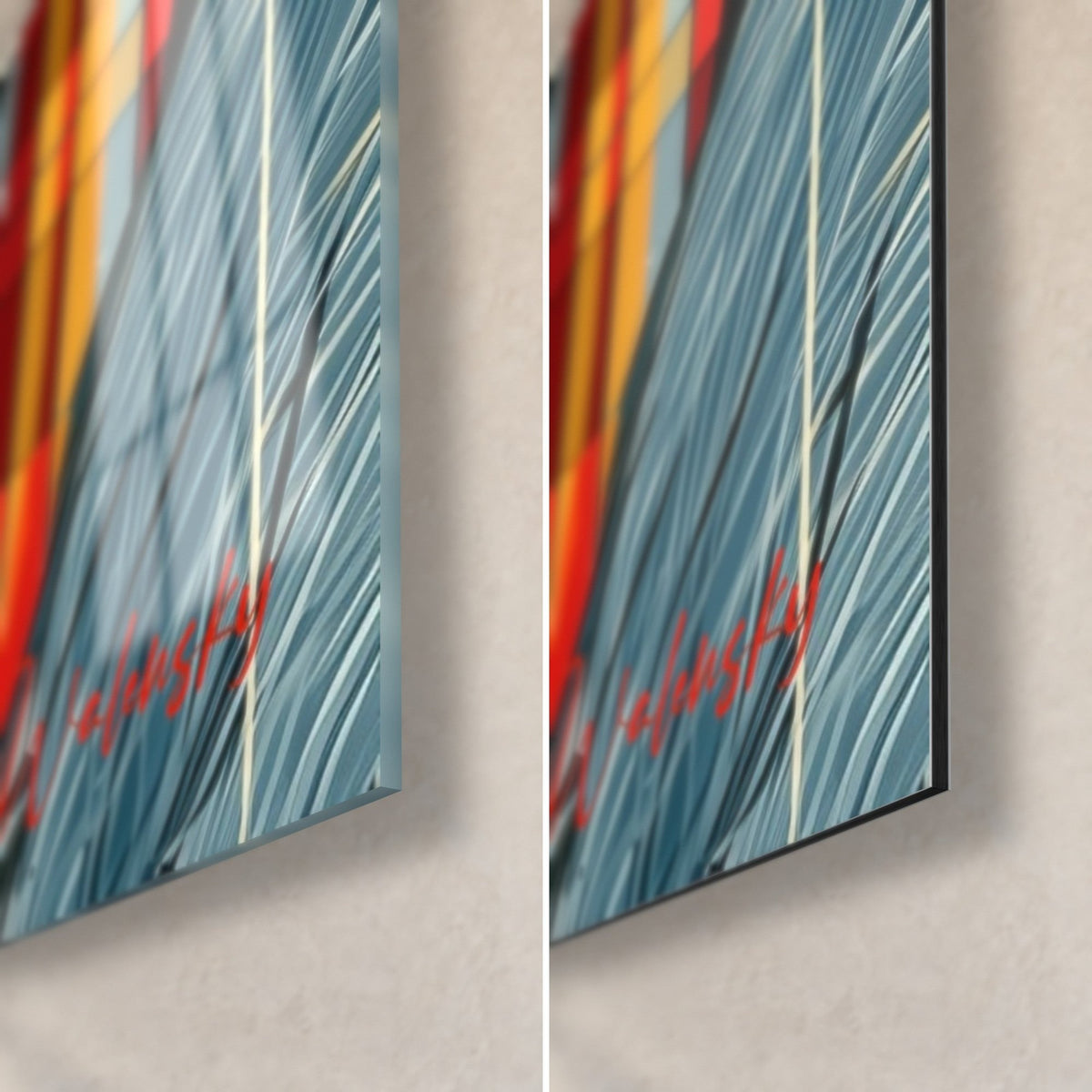 Wall art bear portrait with striped steel-blue fur, glossy glass corner bottom right and matt Dibond, 3 mm edge