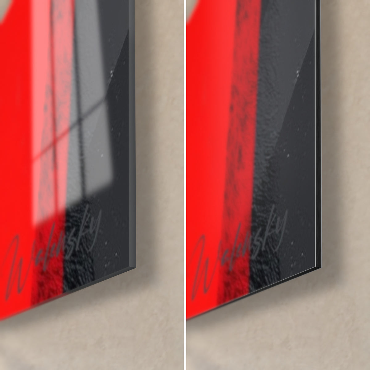 Wall art bear in red and charcoal, bottom right corner: glossy acrylic glass on the left, matte Dibond aluminium on the right, 3 mm edge