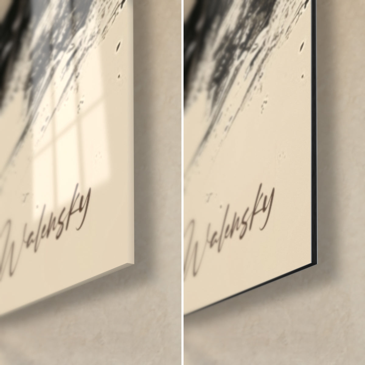 Tableau ours à face masquée, coin bas droit : signature Walensky, verre brillant à gauche, Dibond mat à droite, tranche de 3 mm
