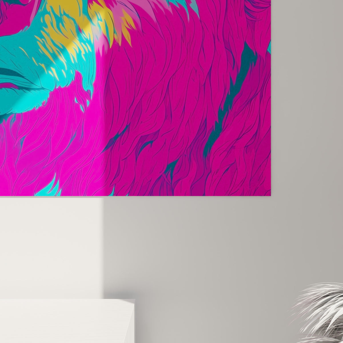 Détail du pelage encré de l'ours brun, mêlant traits fins bleu sarcelle et aplats fuchsia vibrants