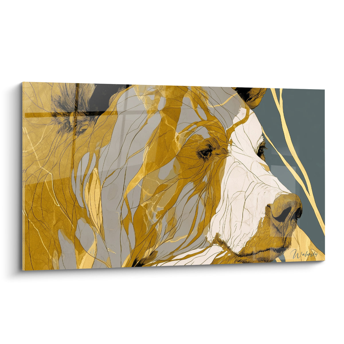 Ours brun en gros plan, pelage doré et anthracite, museau blanc, style graphique contemporain