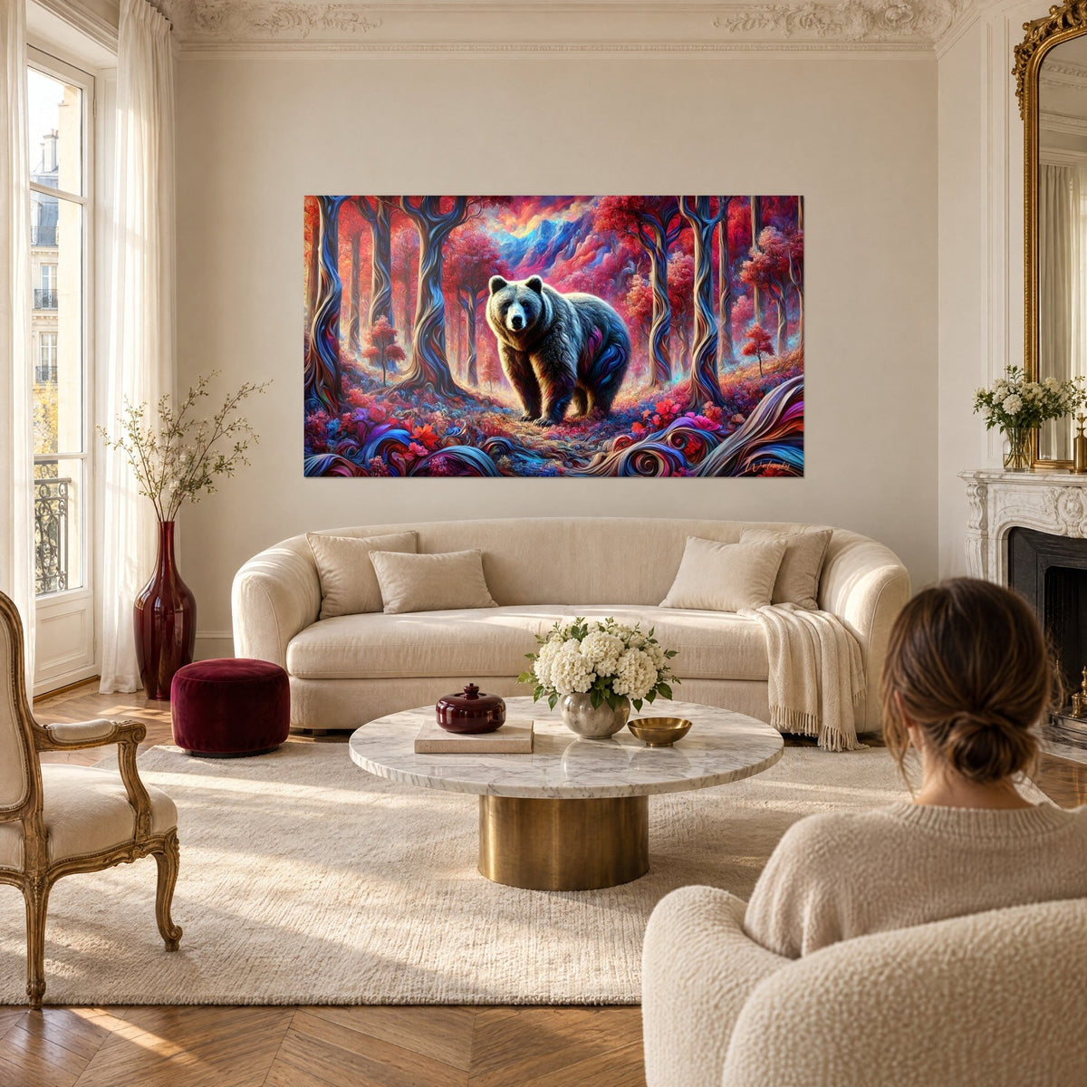 Wall art of a dark brown bear beneath twisted cobalt blue trunks and carmine red foliage, above a sofa in a bright living room