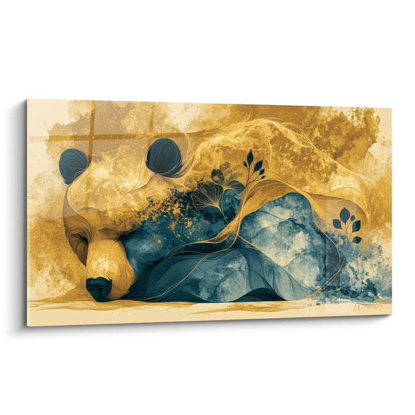 Tableau Ours brun endormi doré et bleu pétrole - Sommeil végétal - Edition Ours brun