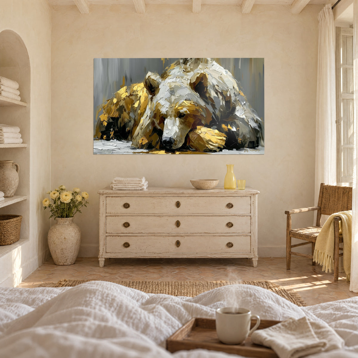 Wall art of a reclining bear in broad gold and ivory blocks of colour, black muzzle at rest, grey background; light chest of drawers above a bed in a bright bedroom