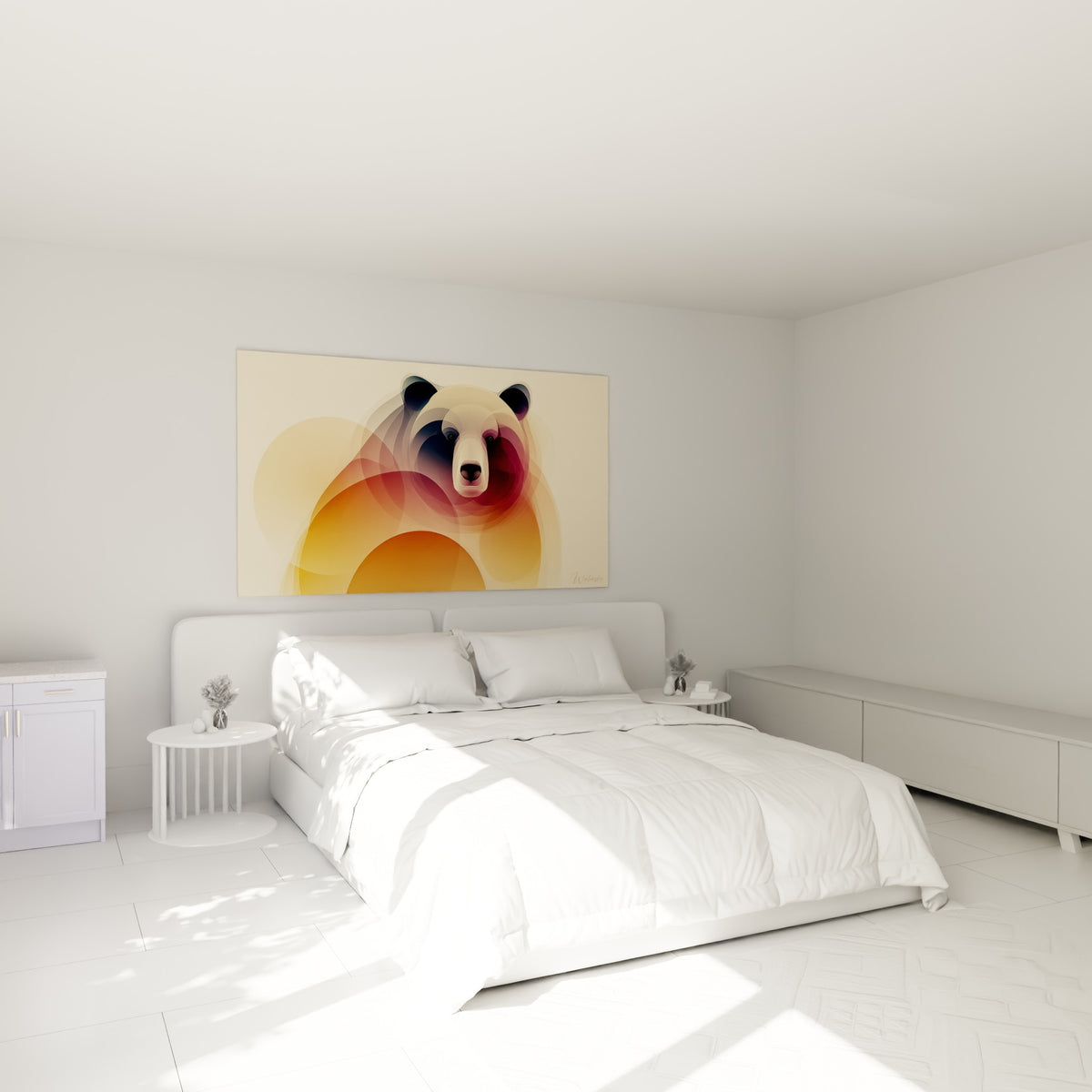 Portrait d'ours brun ocre et anthracite accroché au-dessus d'un lit dans une chambre claire