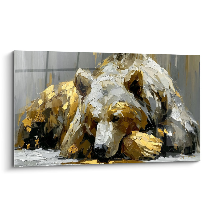 Goldener Liegender Braunbär Leinwand mit dicker Textur - Schlaf des Riesen - Braunbär Edition