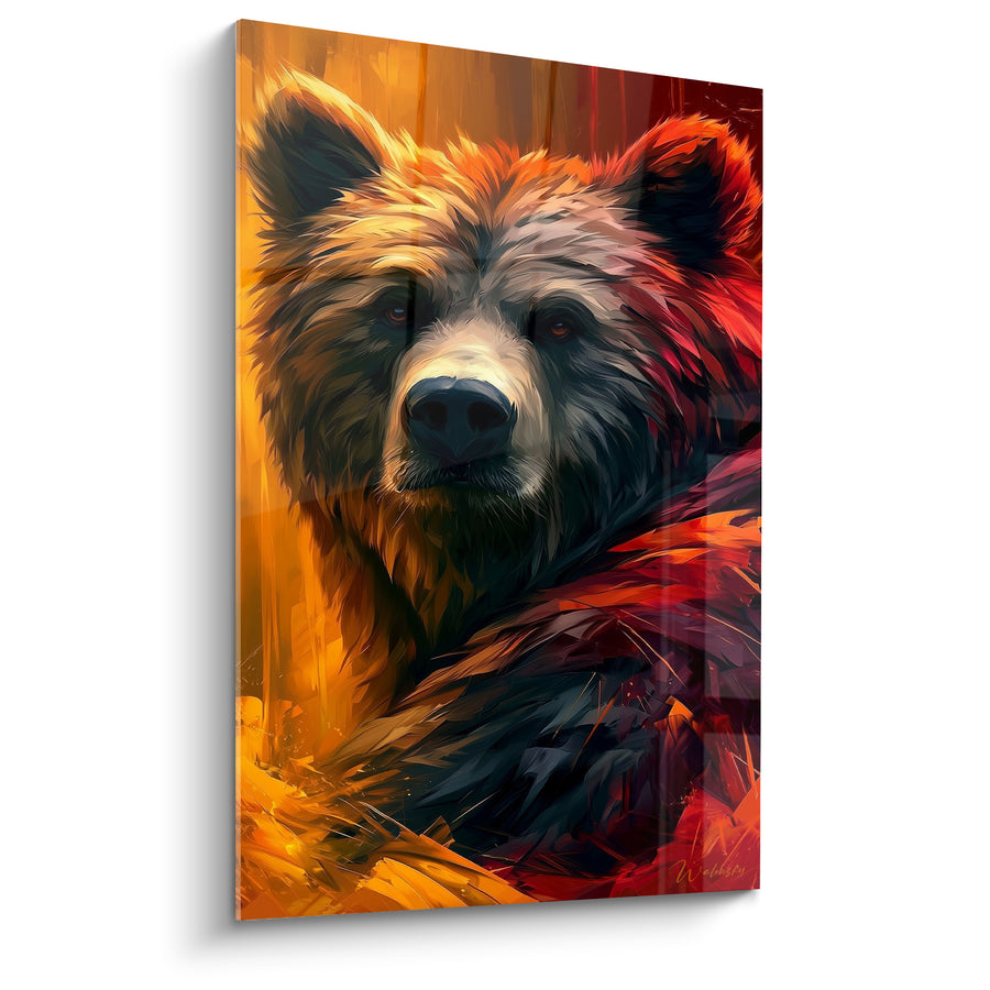 Tableau Ours brun aux flammes dorées et rouges - Veille sous les braises - Edition Ours brun