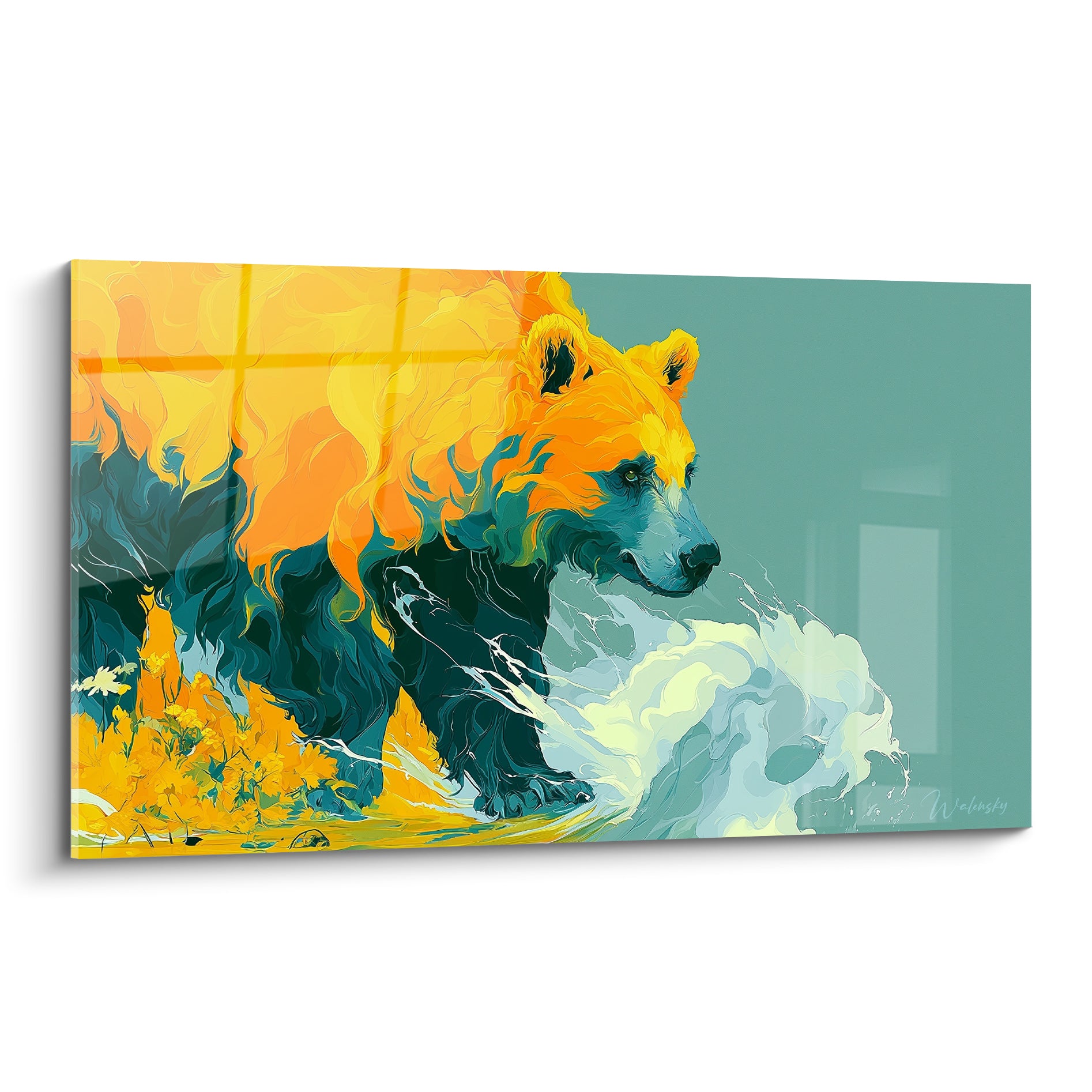 Ours brun doré fend une eau turquoise écumante, pelage flamboyant sur fond vert sauge