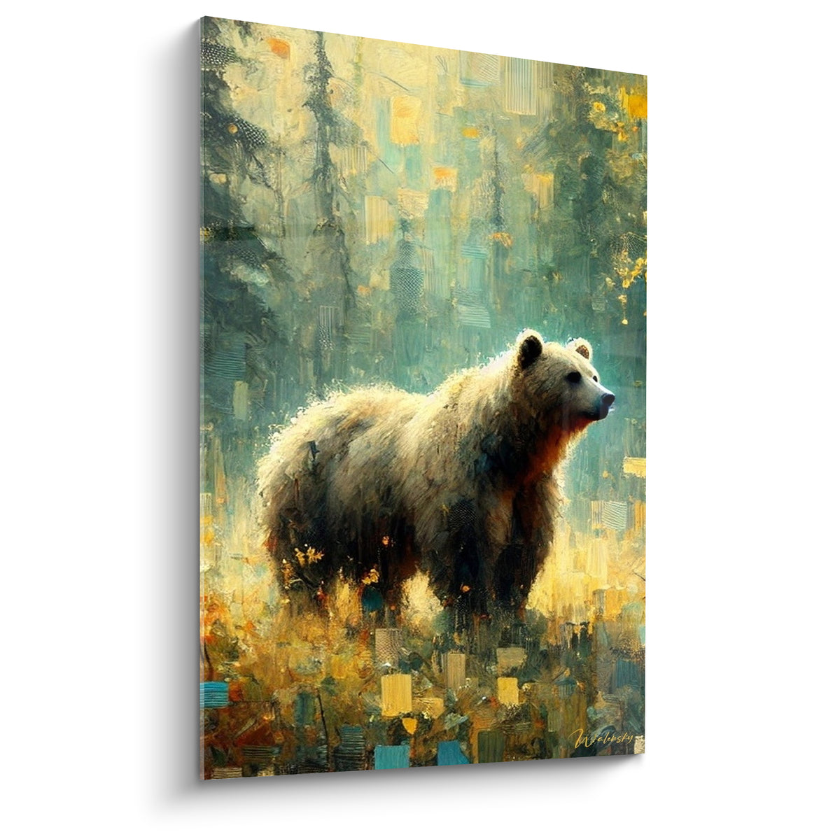 Ours brun doré et sarcelle debout dans une forêt lumineuse à la texture picturale
