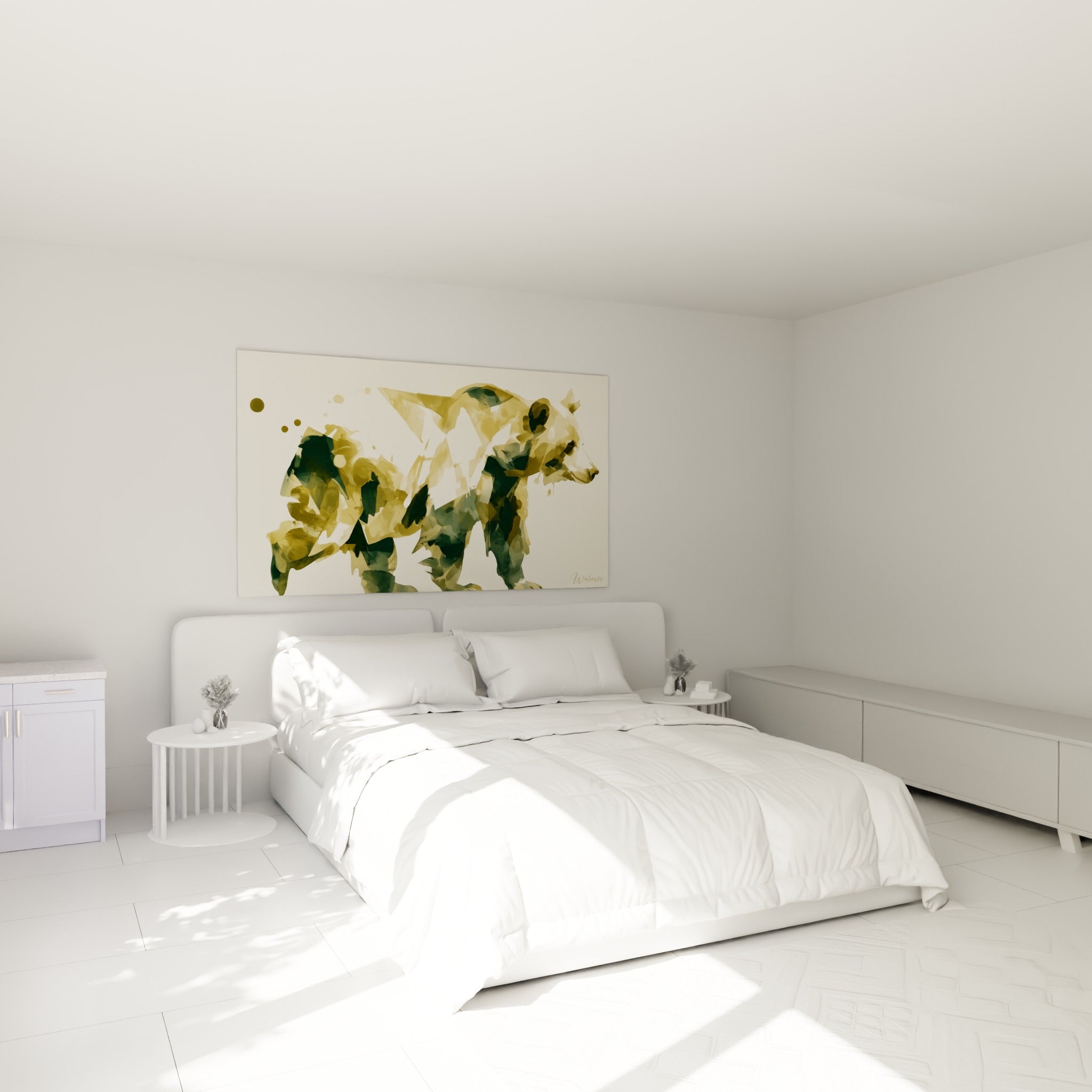 Silhouette d'ours brun doré et anthracite accrochée au-dessus d'un lit dans une chambre claire