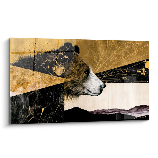 Ours brun de profil, fourrure brune et blanche, fond noir marbré et doré éclatant