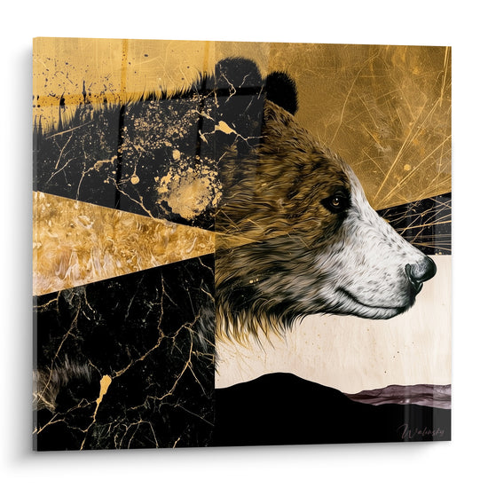Ours brun de profil, fourrure brune et blanche détaillée, fond marbre noir et or éclaté