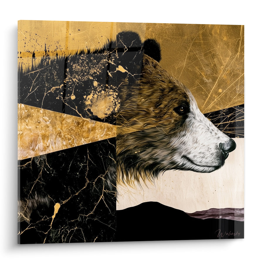 Tableau Ours brun profil doré et marbre noir - Majesté minérale - Edition Ours brun