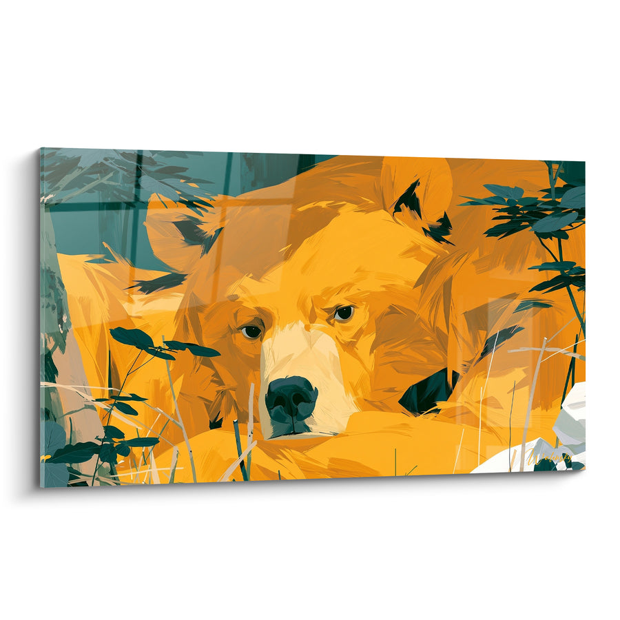 Tableau Ours orange et sarcelle allongé parmi les feuillages - Museau blotti au repos - Edition Ours brun