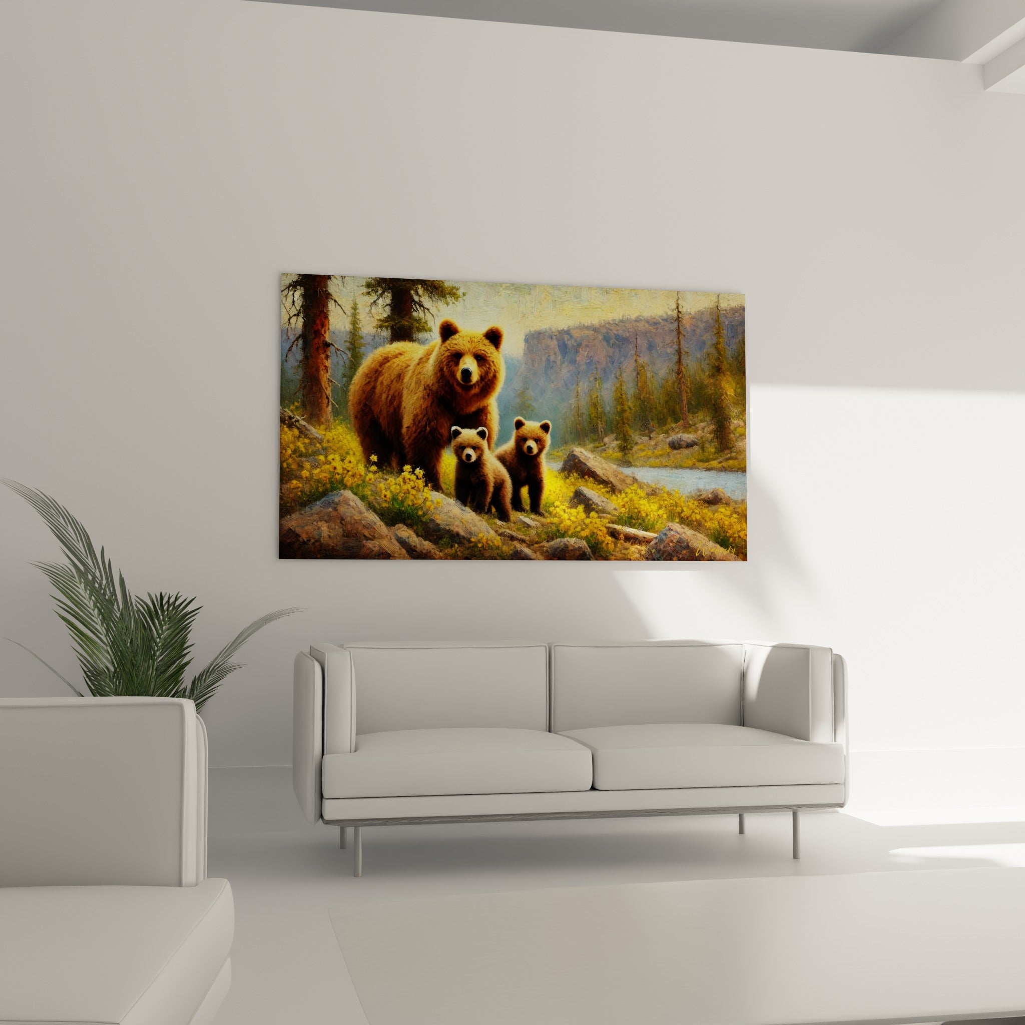 Famille d'ours bruns dorés entourée de verdure, au-dessus d'un canapé dans un salon lumineux