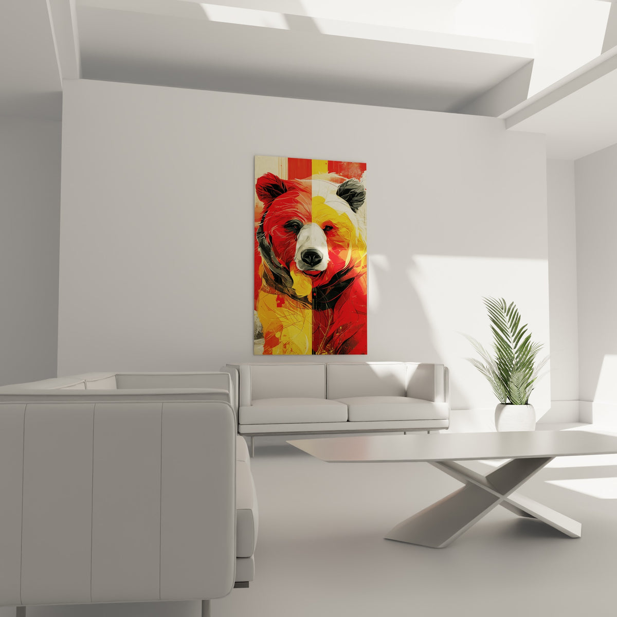 Ours brun bicolore rouge sang et jaune doré, posé au-dessus d'un canapé dans un salon lumineux