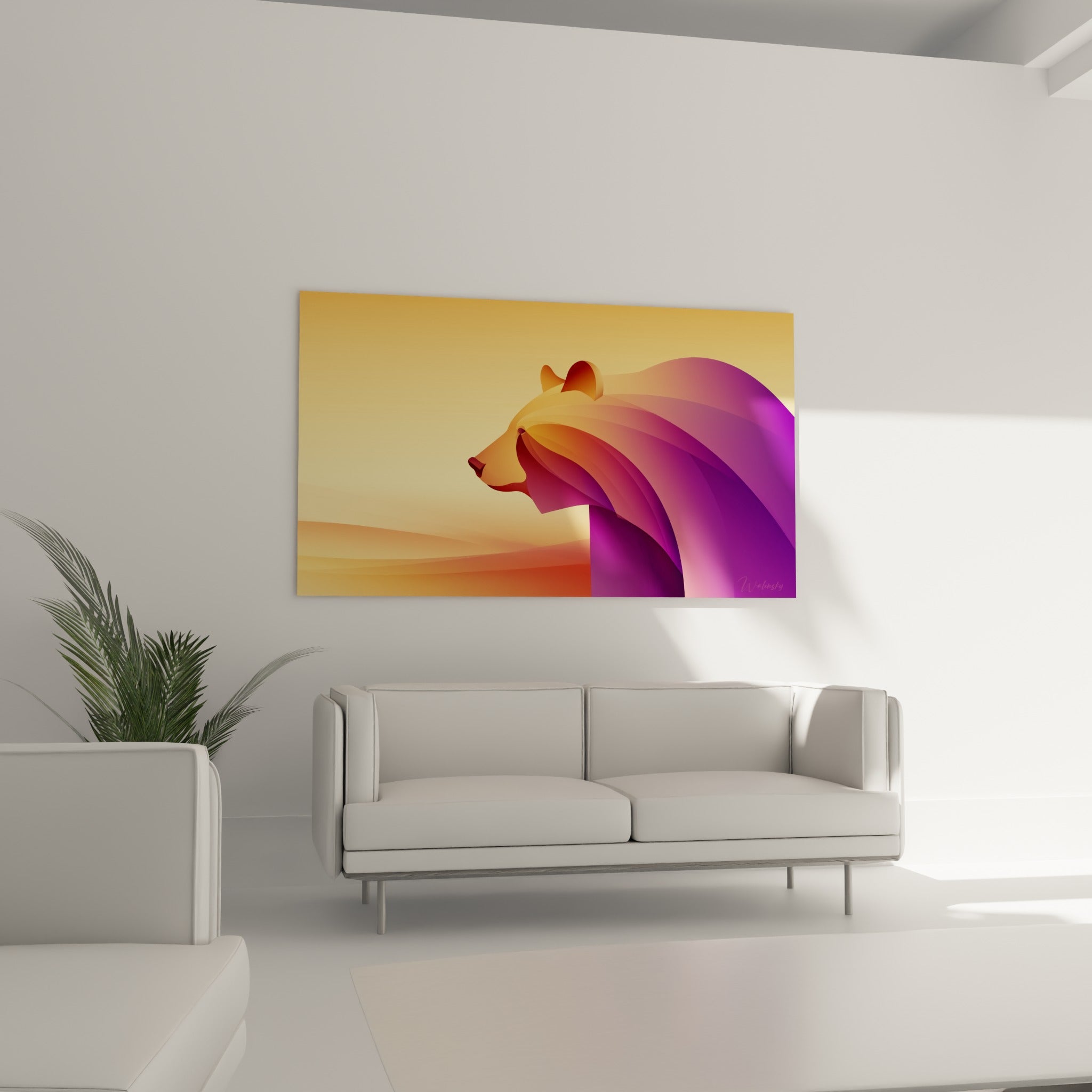 Ours brun stylisé aux dégradés orangés et violets, suspendu au-dessus d'un canapé dans un salon lumineux