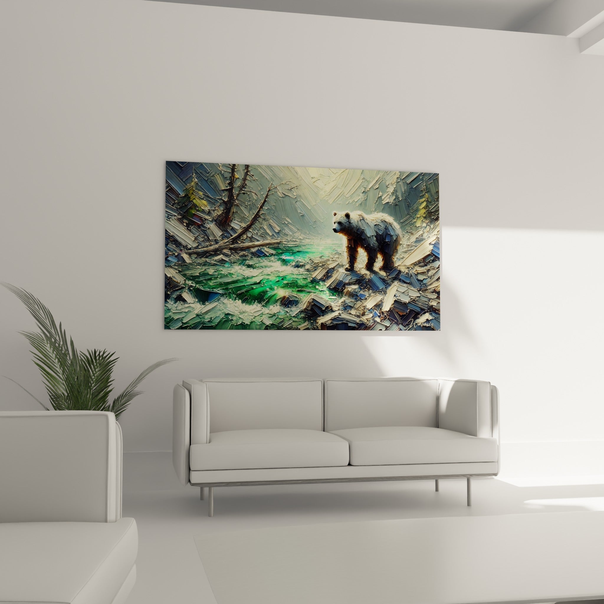 Ours brun immobile devant une rivière émeraude scintillante, au-dessus d'un canapé dans un salon lumineux