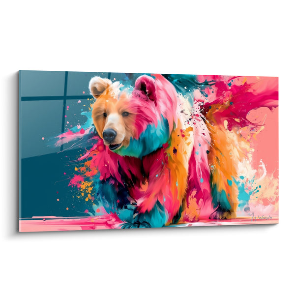 Tableau Ours rose et turquoise éclaboussé - Explosion instinctive - Edition Ours brun