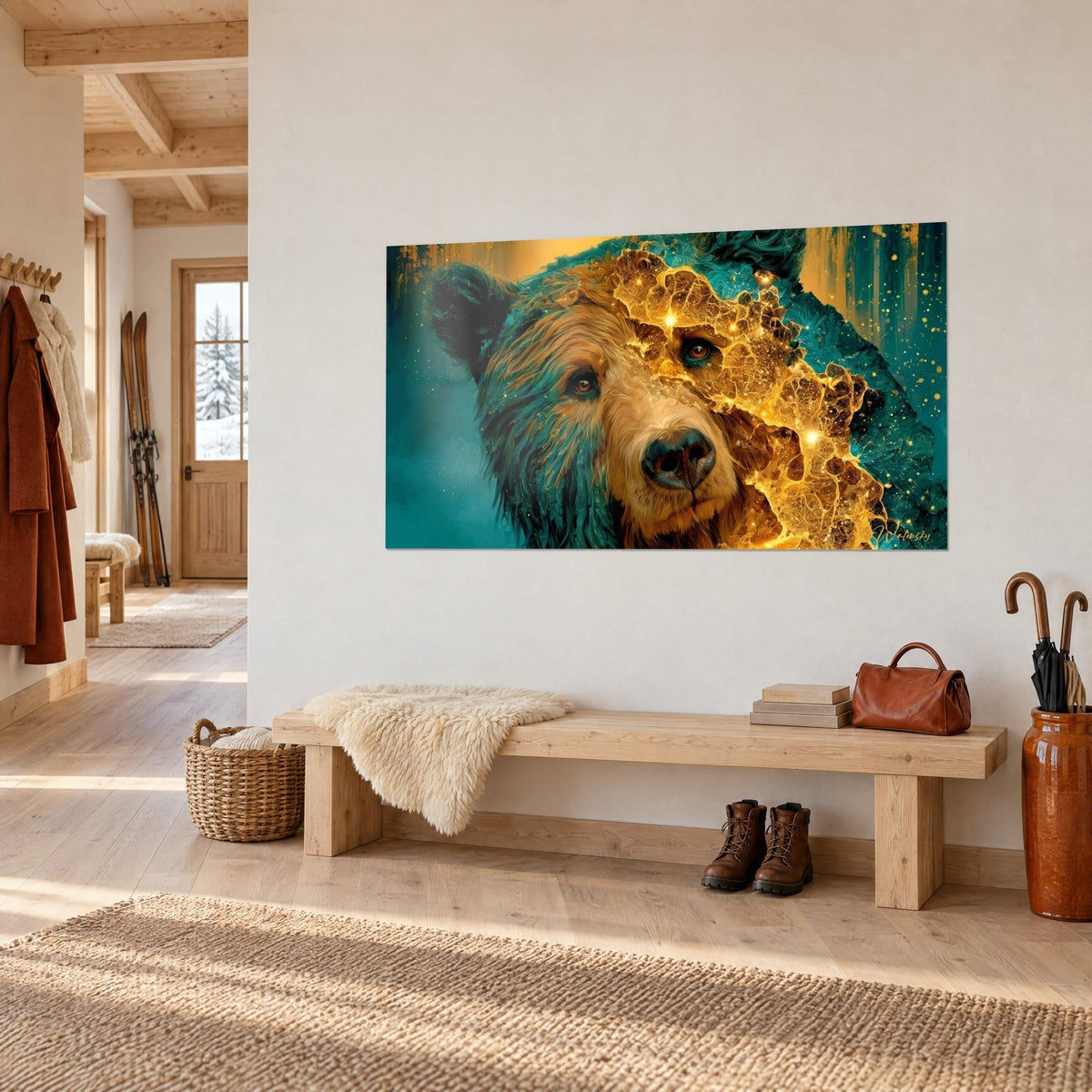 Wall art grizzly with teal and caramel fur, glowing gold veins, hung above a wooden bench in the entrance hall