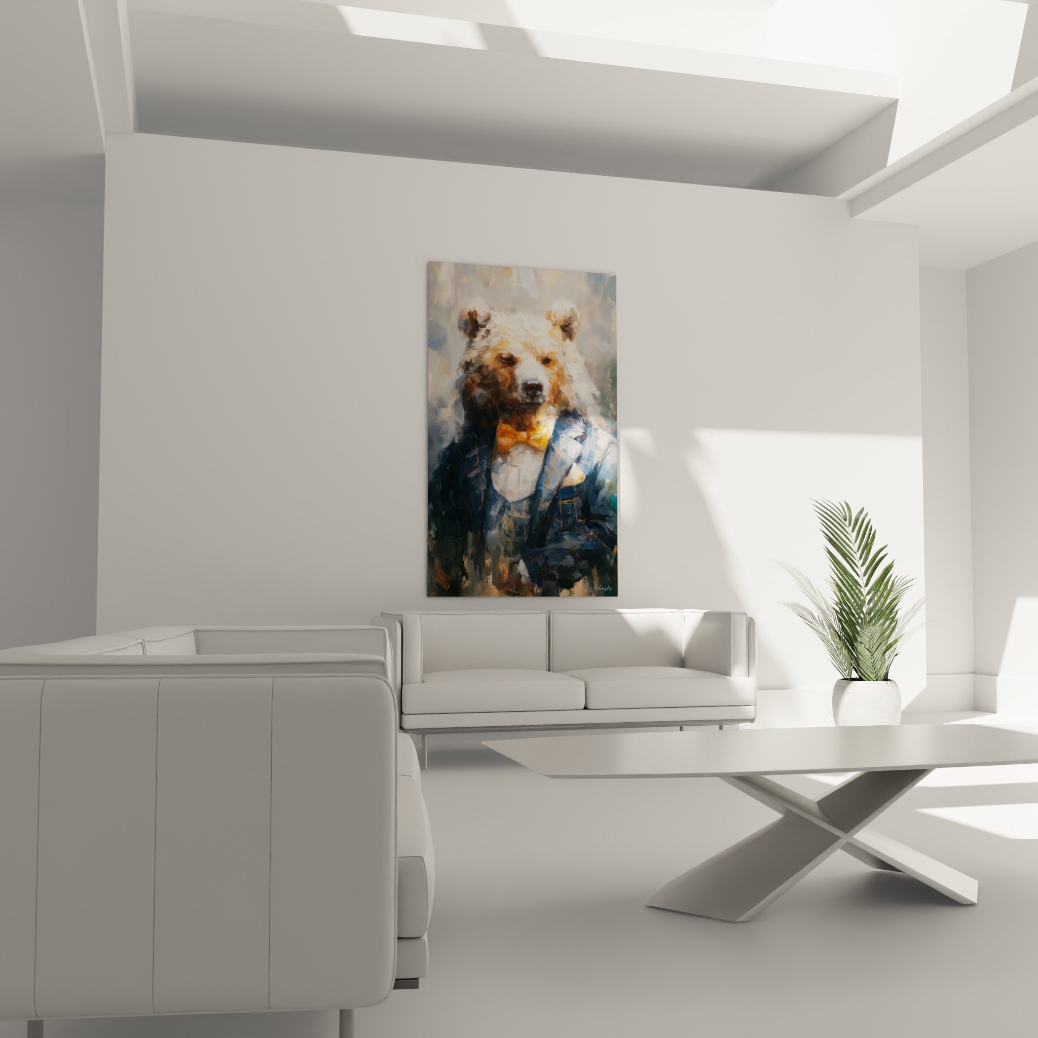 Ours brun élégant en veste bleue et nœud orange positionné au-dessus d'un canapé dans un salon lumineux