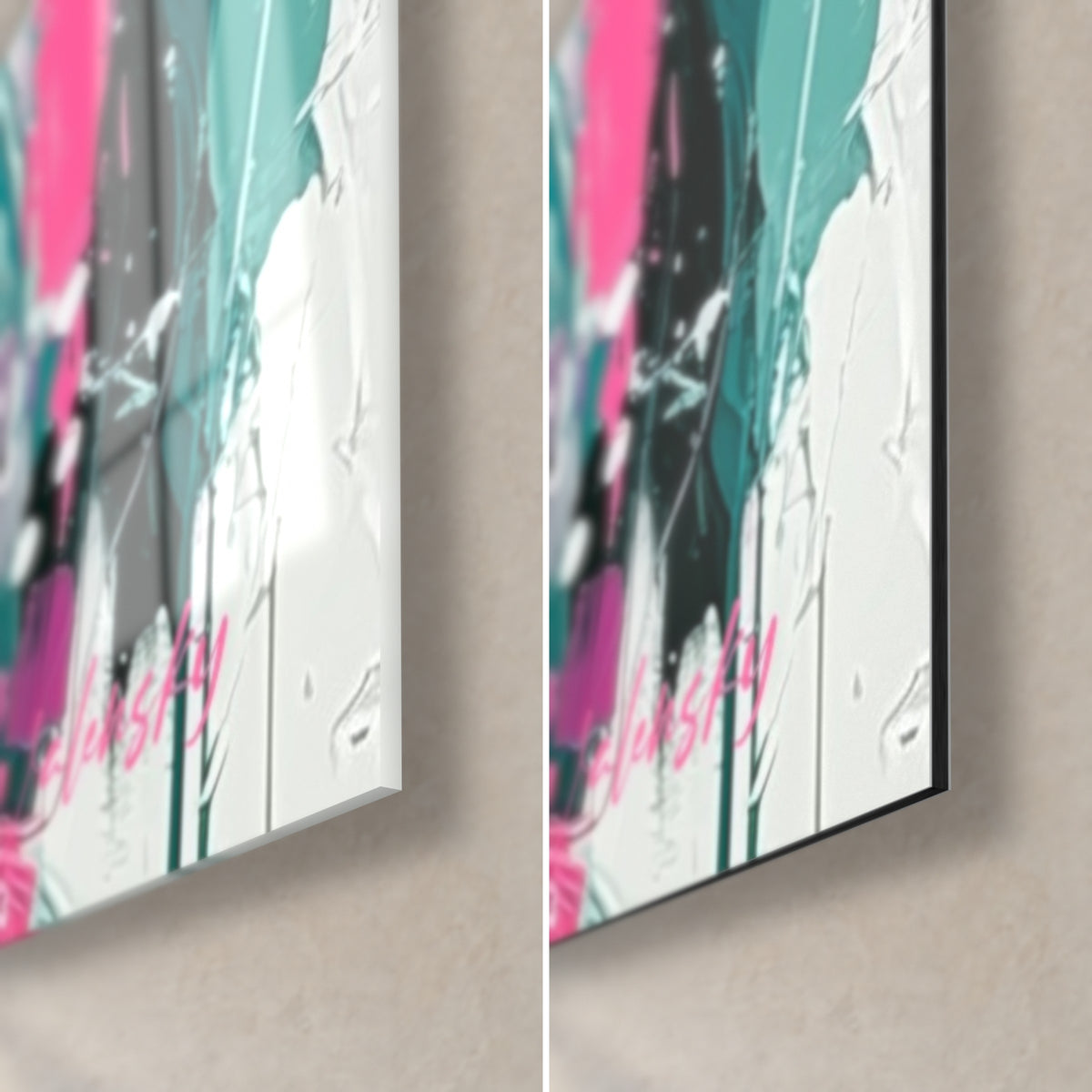 Tableau ours en coulures rose vif et turquoise, coin bas droit : verre brillant à gauche, Dibond mat noir à droite