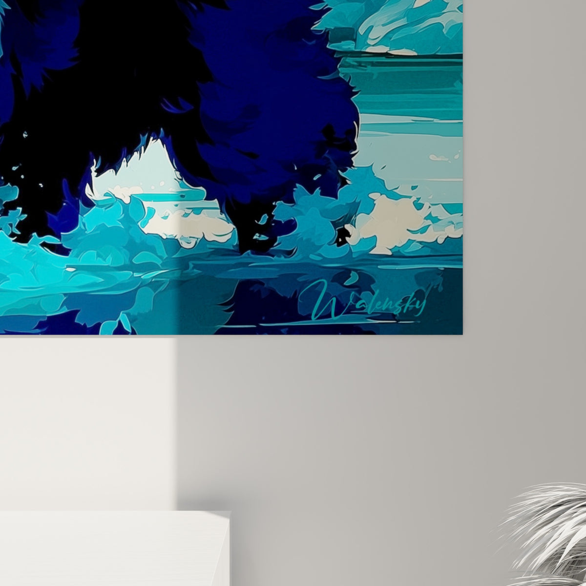 Empâtements bleu profond et touches crème du pelage, coulures d'eau blanches sur la toile accrochée