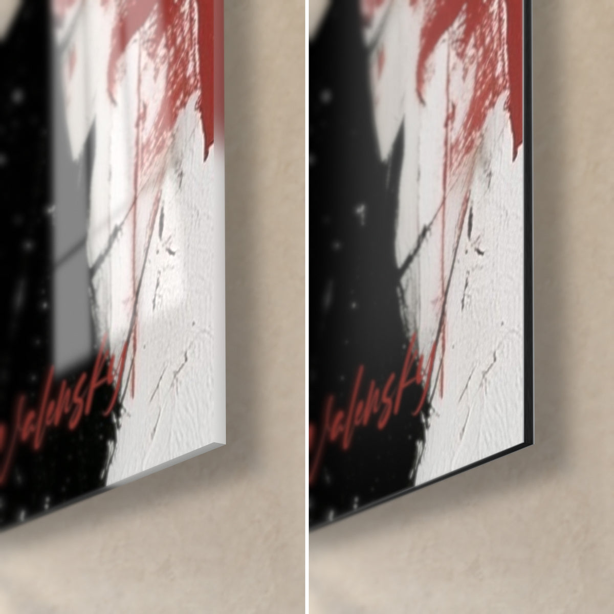 Wall art gestural bear, bottom right corner: glossy acrylic glass with reflections on the left, matte white Dibond on the right, black and red
