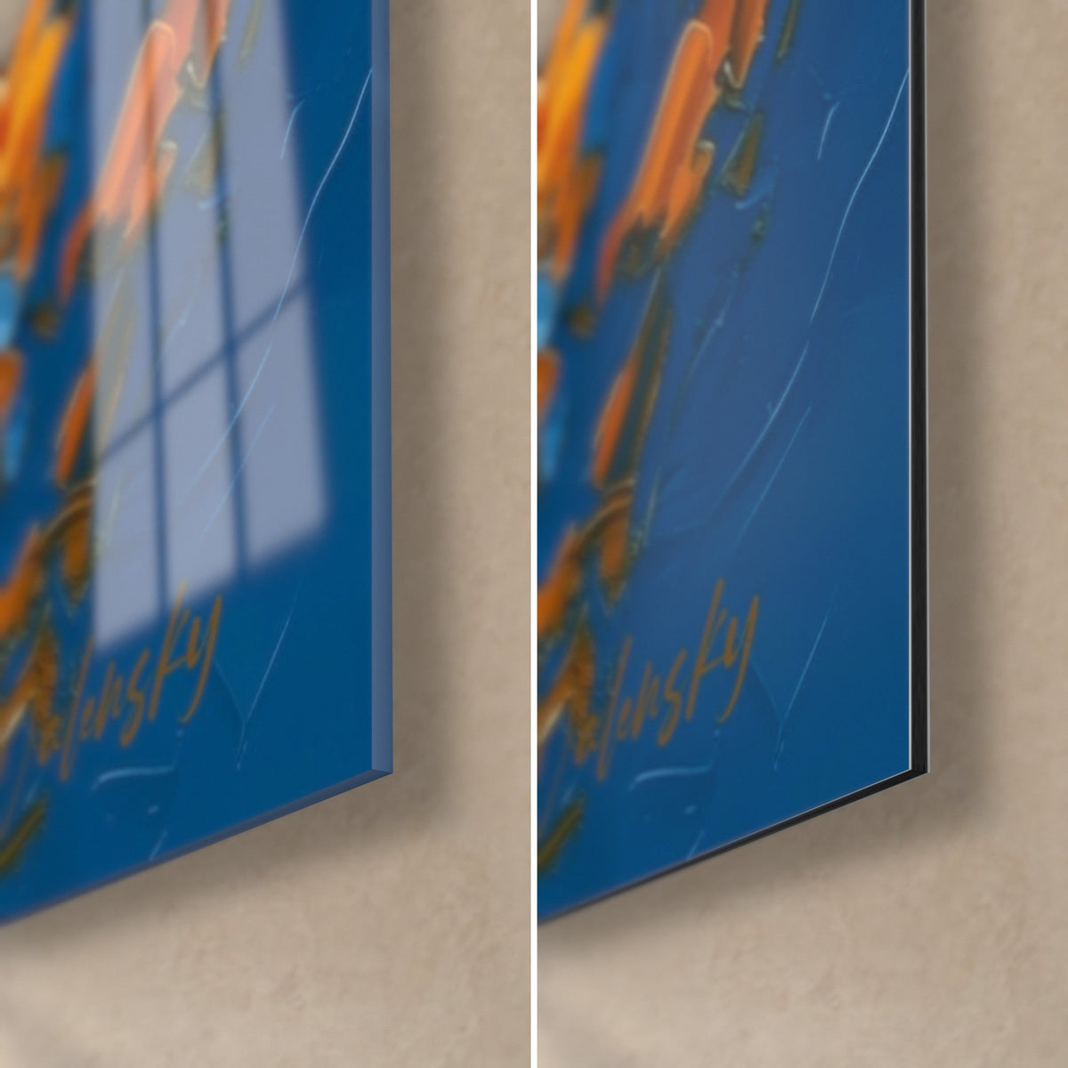 Wall art of a wild cat painted in royal blue and saffron yellow, lower right corner, glossy acrylic glass reflecting the window beside the matte Dibond