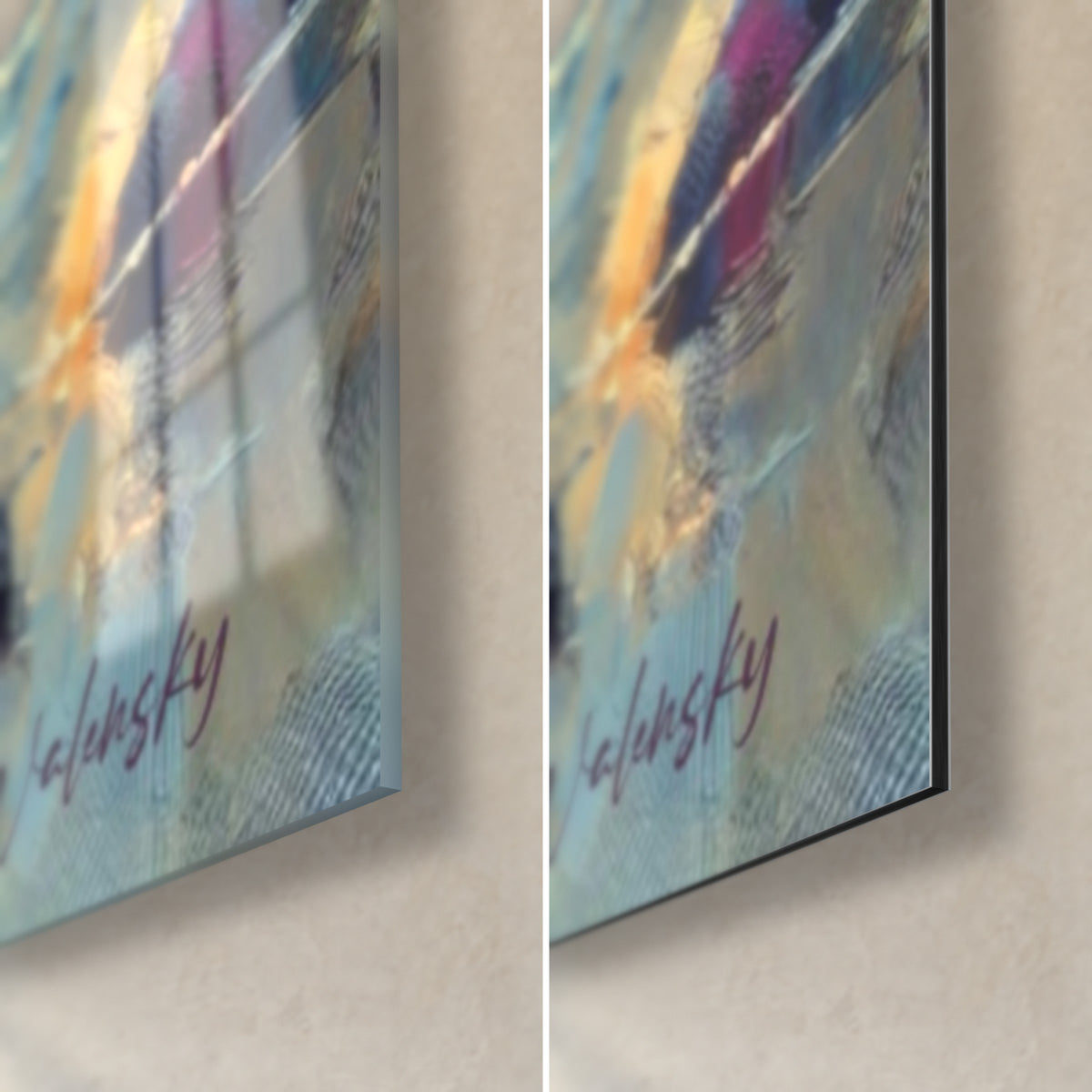 Wall art bear painted with a palette knife, bottom right corner: glossy acrylic glass with blue reflections and matte Dibond aluminium, 3 mm edge