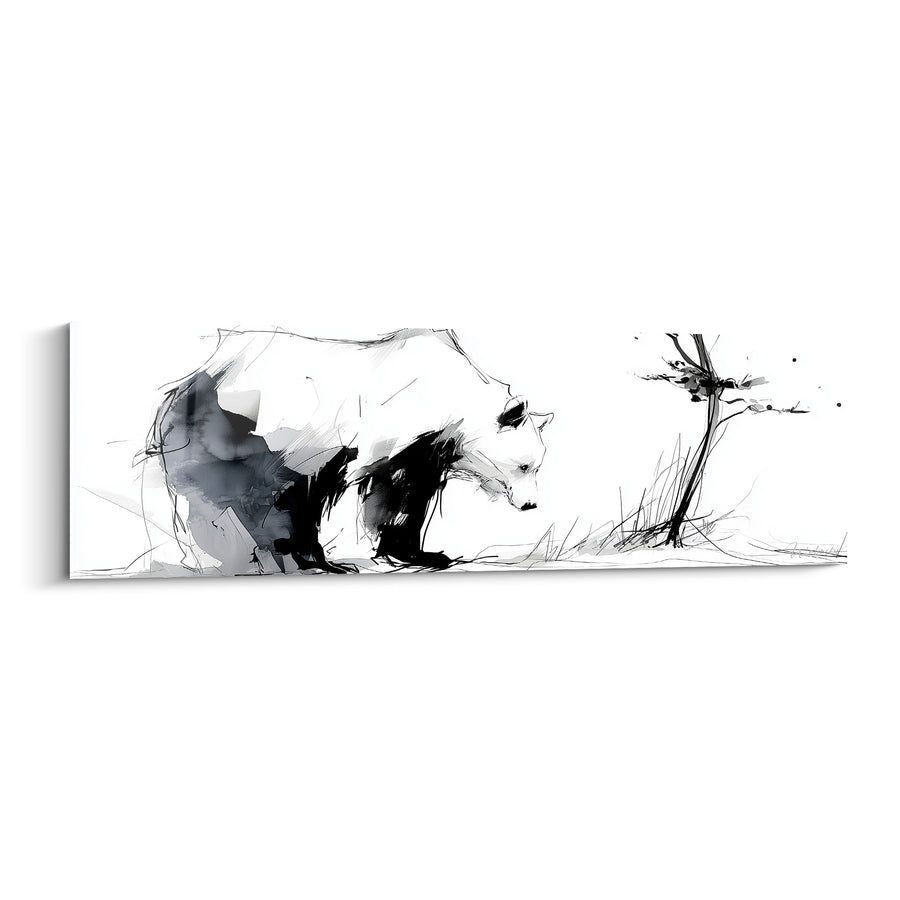 Tableau Ours noir et blanc encre esquissée près d'un arbre nu - Trait minimaliste au pinceau - Edition Ours brun