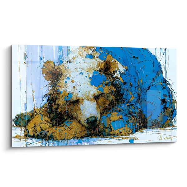 Tableau Ours brun endormi bleu et doré - Sommeil paisible - Edition Ours brun