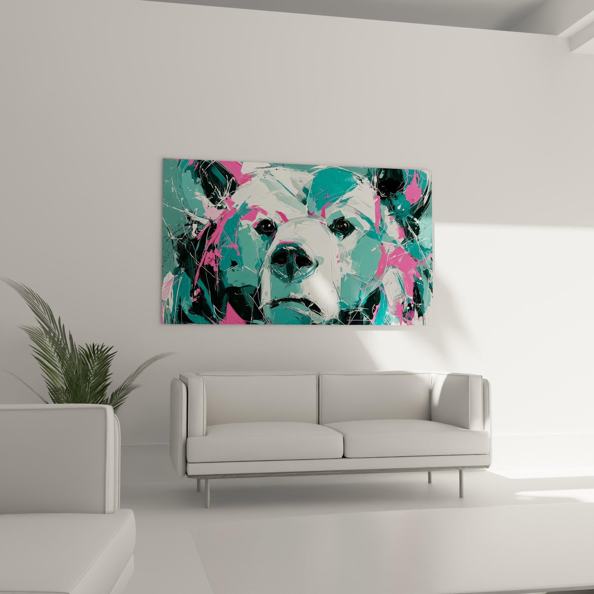 Visage d'ours brun expressif en turquoise et fuchsia au-dessus d'un canapé dans un salon lumineux